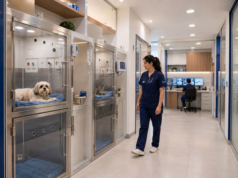 Baias de internação com cão e gato monitorados por equipe de plantão