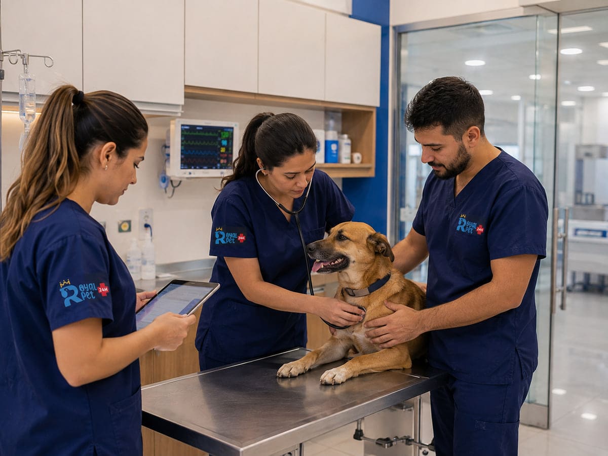 Três profissionais avaliando um cão sobre a mesa de atendimento
