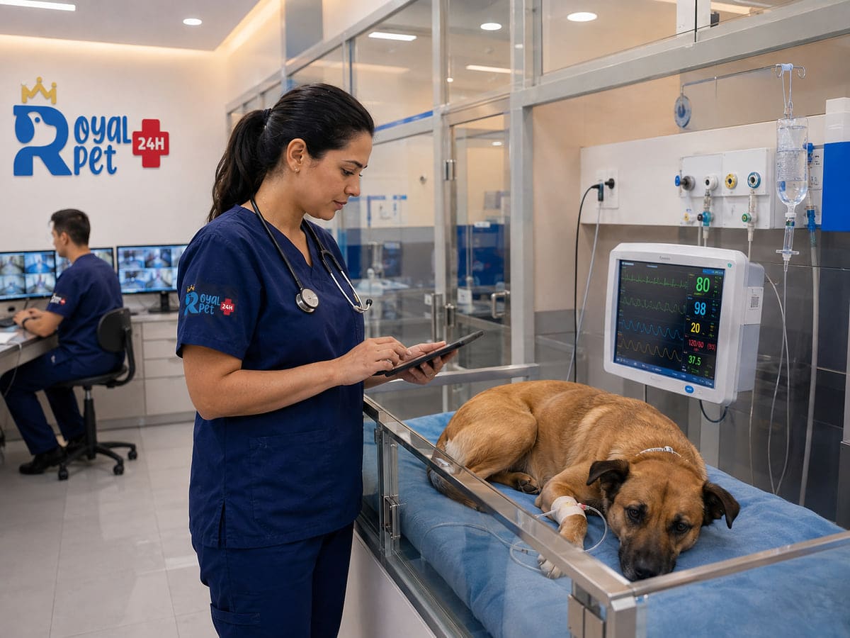 Cão internado com monitor multiparamétrico e veterinária acompanhando